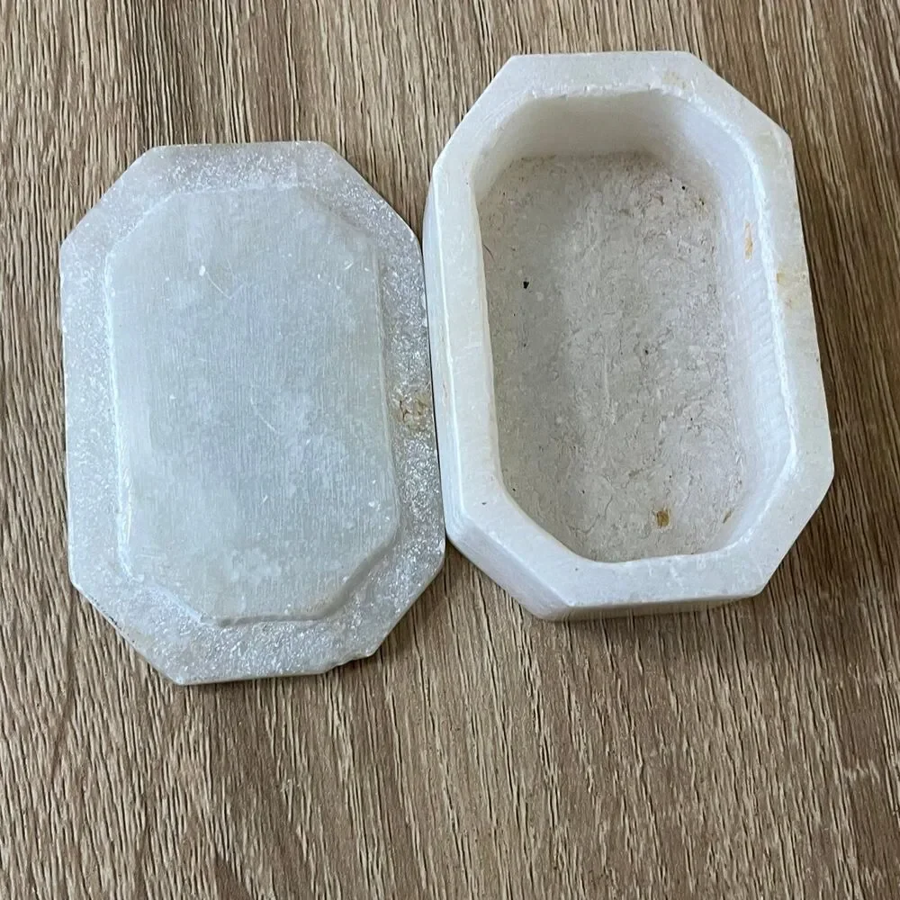 Vintage White Marble Trinket Jewelry Box Stone Inlay Floral Design
